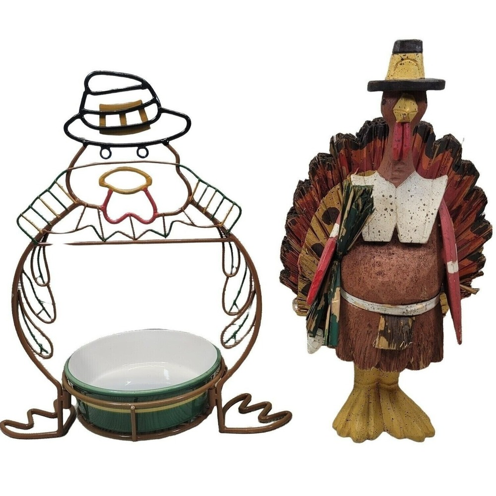 LTD Commodities Thanksgiving Turkey Decor Set Brown Green Wire Dish and Figurine